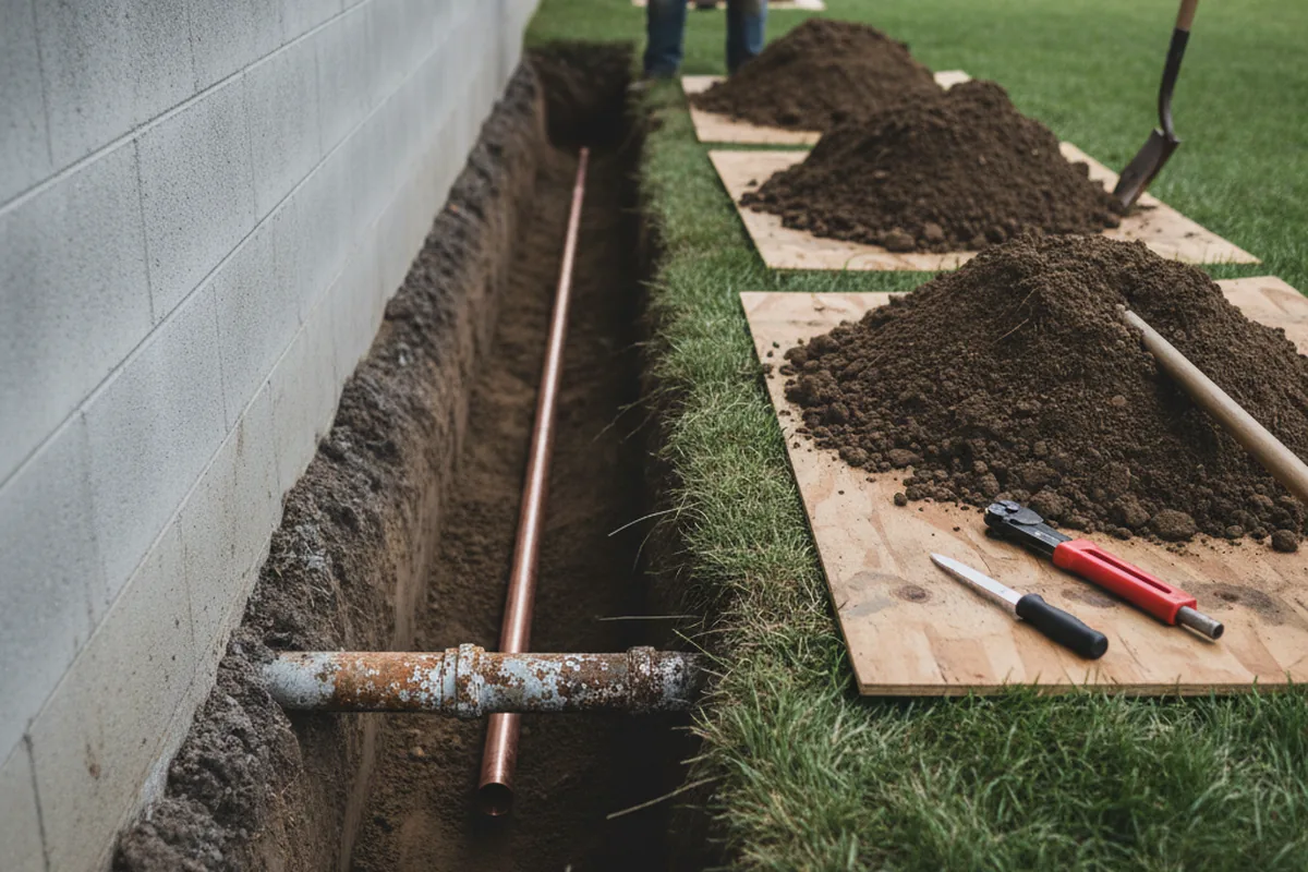Excavated water line trench during Sewer Line Repair in Winnetka